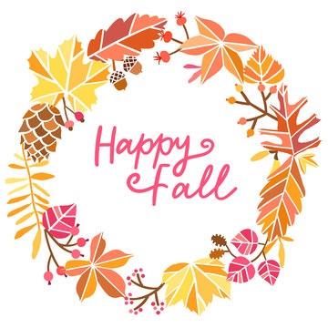 Happy fall greeting card. Autumn circle background