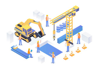 Modern Isometric Under Construction Industrial Site Concept Illustration In Isolated White Background