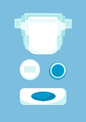 Diaper, cream, powder, wet wipes on blue background. Diapering products. Vector illustration.