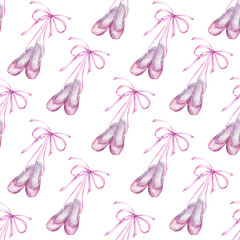 Watercolor hand painted seamless pattern of ballet slippers. © Lora