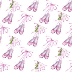 Watercolor hand painted seamless pattern of ballet slippers. © Lora