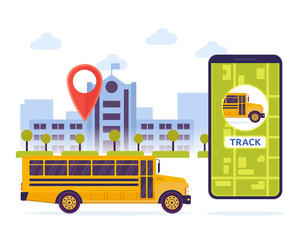 Modern Urban City Student Schoolbus Mobile Tracking System Illustration