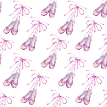 Watercolor hand painted seamless pattern of ballet slippers.