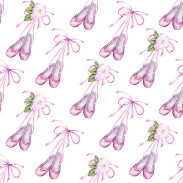 Watercolor hand painted seamless pattern of ballet slippers.