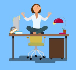 Business woman meditating in lotus pose on office chair in office room.