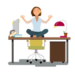 Business woman meditating in lotus pose on office chair in office room.