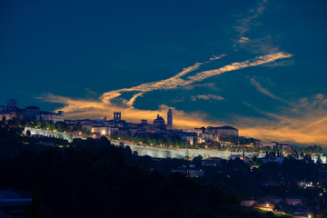 view of the ancient city of Bergamo at sunset