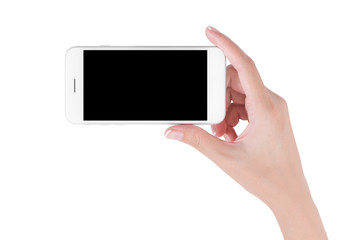 woman hand holding white smart phone with blank space of screen display, smart phone and mockup concept, Isolated on white background,