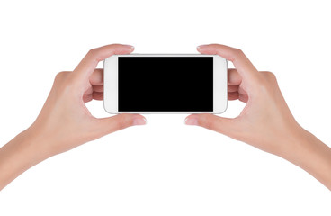 Woman hands holding white smart phone with blank space on screen display, digital and communication concept, Isolated on white background.