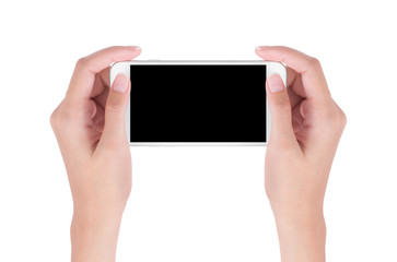 Woman hands holding white smart phone with blank space on screen display, digital and communication concept, Isolated on white background.