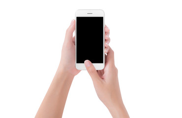 Woman hands holding white smart phone with blank space on screen display, digital and communication concept, Isolated on white background.