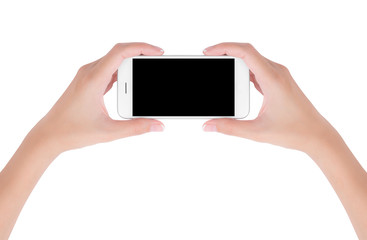 Woman hands holding white smart phone with blank space on screen display, digital and communication concept, Isolated on white background.