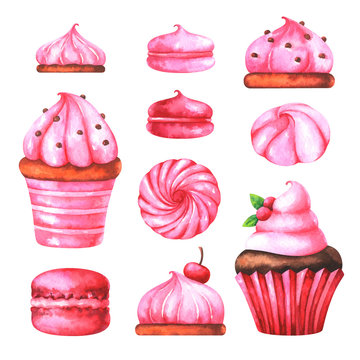 Hand painted illustration with watercolor macaroons, marshmallows,  and muffin with cream isolated on white background
