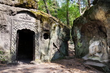 Man made cave Klacelka with sandstone sculptures created by Vaclav Levy in 1840s	between Libechov and Zelizy, Czech Republic
