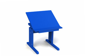 Children's small wooden table. School desk with adjustable height on a white background. Isolated.