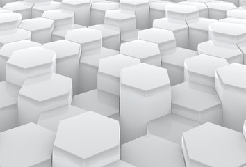 3d rendering. perspective view of random modern white hexagonal shape bars pattern floor background.