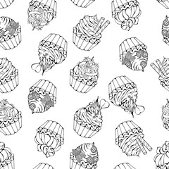 Pattern of vector colorful illustrations on the sweets theme; set of different kinds of baskets decorated with berries, chocolate or nuts.  Pictures are depicted as black sketches on a white.