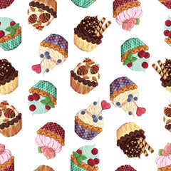 Pattern of vector colorful illustrations on the sweets theme; set of different kinds of baskets decorated with berries, chocolate or nuts. Pictures contain realistic shadows and glare.