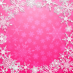 Christmas illustration with circle frame of big white snowflakes with shadows on pink background
