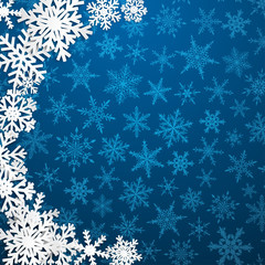 Fototapeta na wymiar Christmas illustration with semicircle of big white snowflakes with shadows on blue background