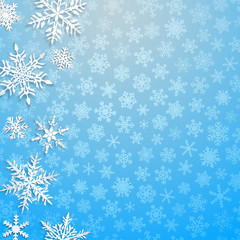 Christmas illustration with big white snowflakes with shadows on light blue background