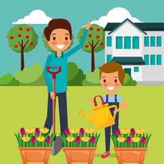 Obraz na płótnie Canvas dad and son watering the potted flowers gardening vector illustration
