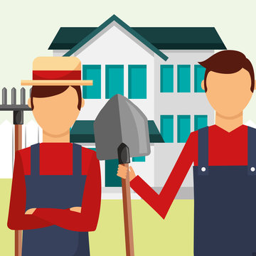 gardeners man with rake and shovel tools gardening vector illustration