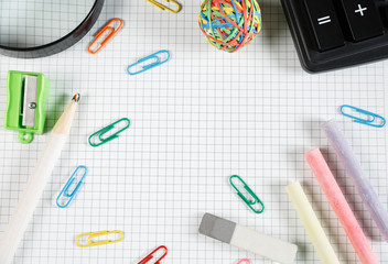 Back to school concept. School and office supplies on office table