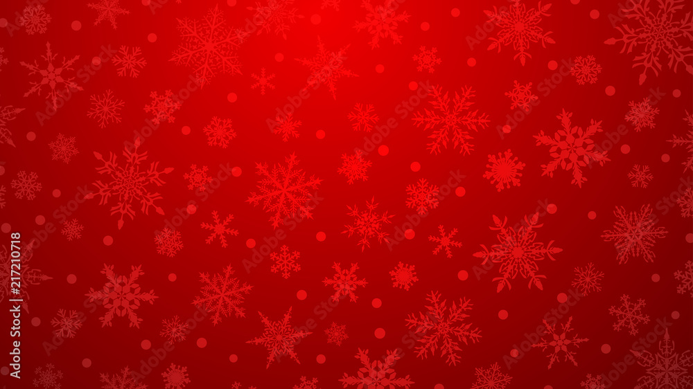 Wall mural christmas illustration with various small snowflakes on gradient background in red colors