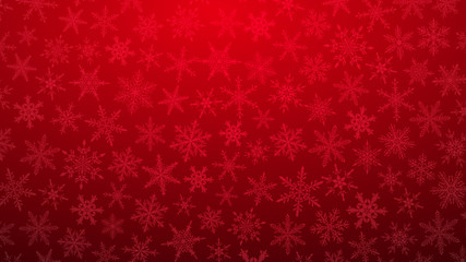 Christmas illustration with various small snowflakes on gradient background in red colors