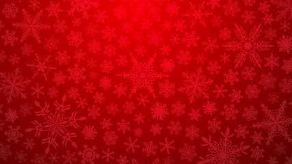 Naklejka na ściany i meble Christmas illustration with various small snowflakes on gradient background in red colors