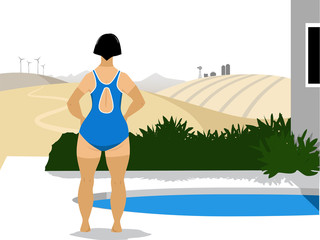 Woman in a swimsuit with tan lines standing at the pool, looking at a agricultural landscape in August or September, EPS 8 vector illustration