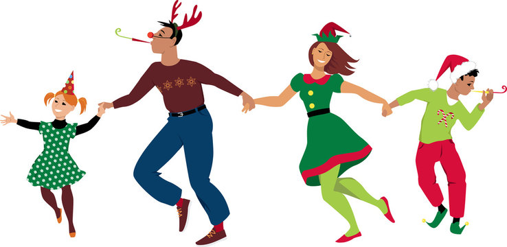 Mother, father and two children in Christmas costumes dancing together, celebrating the holidays, EPS 8 vector illustration