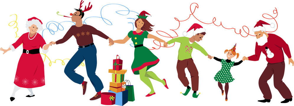 Three generation family in Christmas costumes dancing and celebrating together, EPS 8 vector illustration
