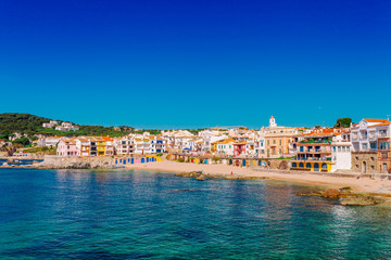 Sea landscape with Calella de Palafrugell, Catalonia, Spain near of Barcelona. Scenic fisherman village with nice sand beach and clear blue water in nice bay. Famous tourist destination in Costa Brava