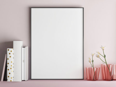 Mock up poster frame on minimalism rose wall, 3d render, 3d illustration
