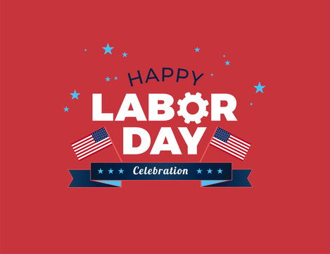 Happy Labor Day USA celebration vector illustration with American flags, and Happy Labor Day text on red background