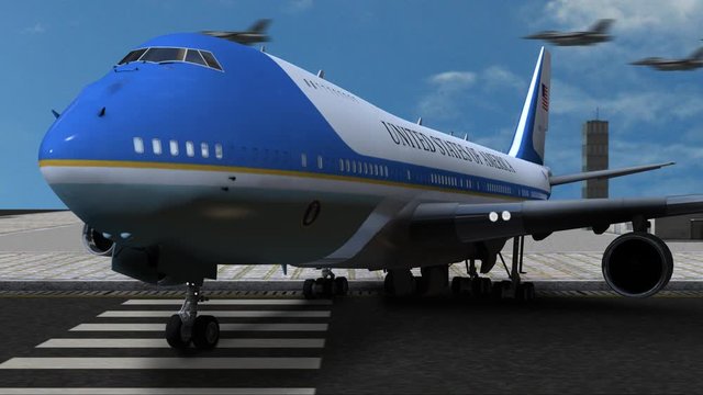 Digital 3d Air Force One sitting on a runway with engines running. Military jets are doing a flyby in background. 30 seconds and recorded in 4K.