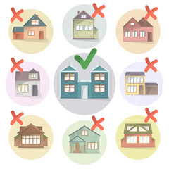 Choosing right house for living, compare different houses and property, making a choice, select and tick home, vector