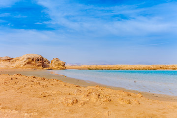 Red sea coast shore in the Ras Mohammed National Park. Famous travel destionation in desert. Sharm el Sheikh, Sinai Peninsula, Egypt.