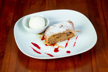 Apple strudel with ice-cream
