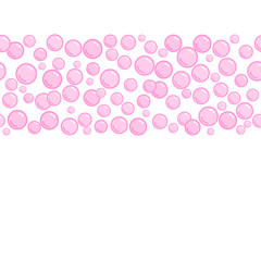 Horizontal decorative line with soap bubbles, background with pink water beads, pink blobs, vector foam illustration