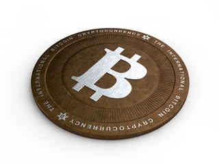 3D illustration of copper coin bitcoin, cryptocurrency, on white background. Collapse, crisis cryptocurrency, inflation, electronic money, depreciation. 3D rendering isolated on white background.