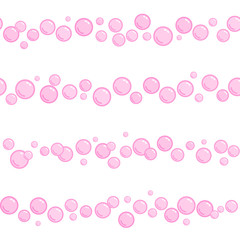 Horizontal seamless soap bubble stripes, pink naive and simple lines with water bubbles, vector