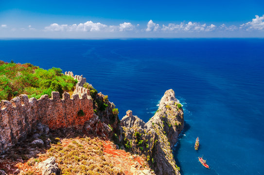 Beautiful sea panorama landscape of Alanya Castle in Antalya district, Turkey, Asia. Famous tourist destination with high mountains. Summer bright day and sea shore