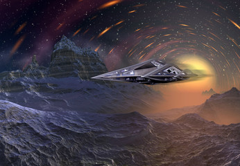 3D Rendered Fantasy Alien Landscape with space ship - 3D Illustration