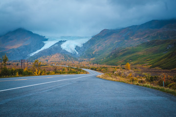 on the Glenn highway to Valdez. Autumn road with scenic Mountain View. Portage glacier road. Alaska.