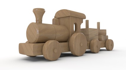 3D illustration of wooden toy locomotive, made of wooden elements of children's designer. The idea of childhood, simplicity, genius. Image isolated on white background
