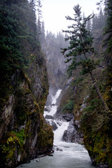 Creek and waterfall in Valdetz, Alaska. Rocky bank. A tilted tree.