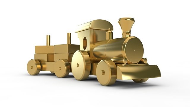 3D illustration of a Golden toy train, carries a car of gold bars. The idea of credit, Fund, budget, childhood, wealth and prosperity. Image with depth of field isolated on a white background.